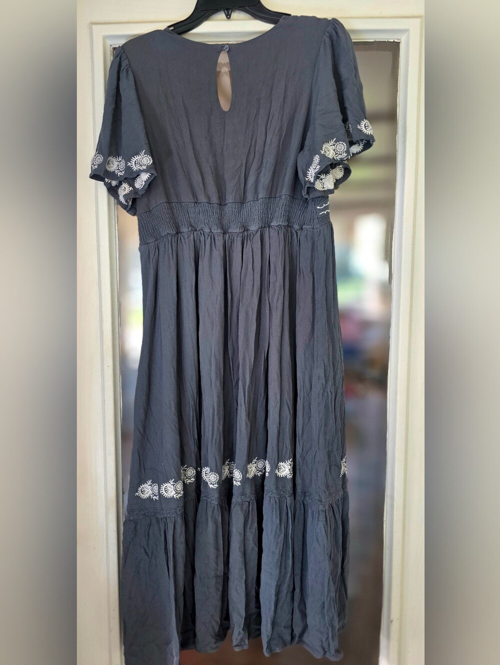 In Loom Smokey Blue Boho Dress Floral Embroidery Flowy Sz Large Maxi - Picture 2 of 5
